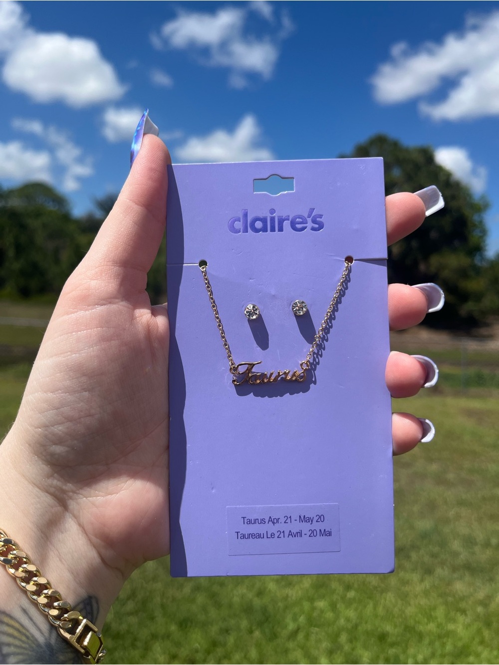 Claire's Gold Taurus Script Necklace with Crystal Studs